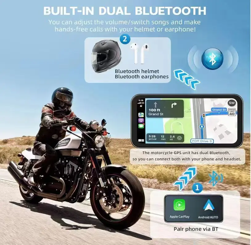 6.25 بوصة تعمل باللمس BT اتصال التحكم الصوتي دراجة نارية CarPlay TPMS اختياري BT AirPlay أندرويد السيارات CarPlay لركوب الدراجات