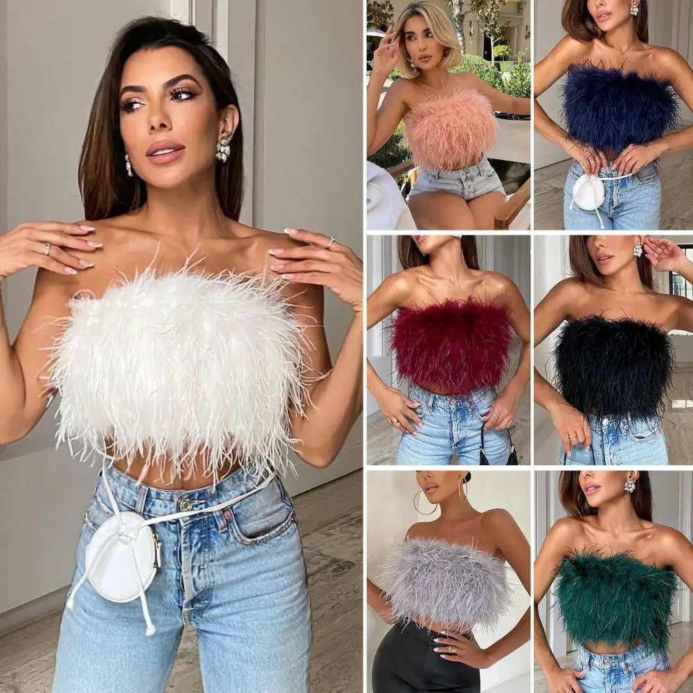 2022 Club Vest Chic Prom Tub Tops Sexy Feather Crop Top Sleeveless Mini Camisole Fluffy Plush Night Party Clubwear Bralette Vest