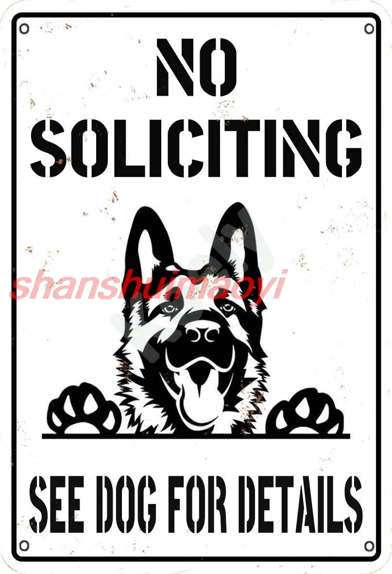 No Soliciting See Dog for Details German Shepherd Metal Vintage Tin Sign Wall Decoration 12x8 inches for Cafe Bars Rest shan