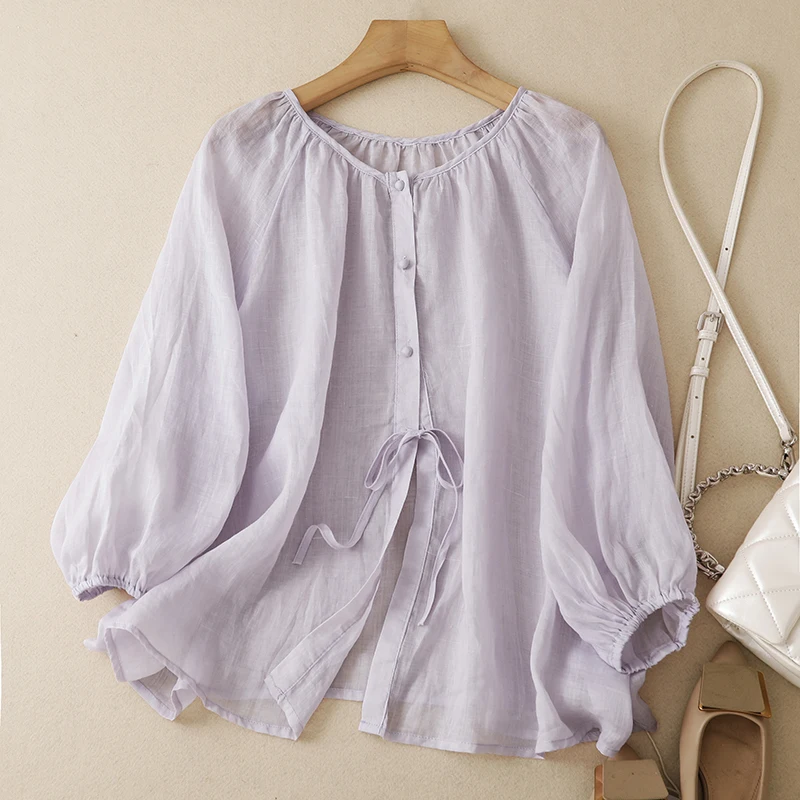 

Summer New plus Size Cotton Linen Shirt Long Sleeve round Neck Belly Covering Outerwear Elegant Atmosphere Women's Business C...