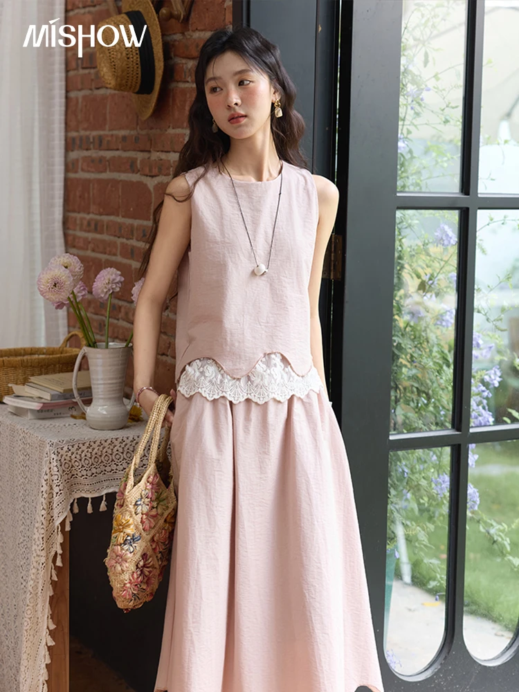 MISHOW Set 2 Piece 2025 Summer Women's O-Neck Lace Patchwork Sleeveless Top Elastic Waist Midi Skirt Elegnat Set MXE36T0641