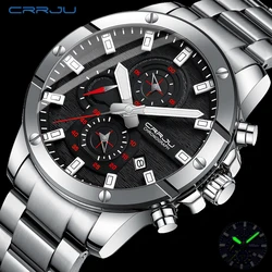 CRRJU Men Watch NEW Quartz Chronograph Luminous Full Steel Waterproof Wristwatch with Date Relogio Masculino