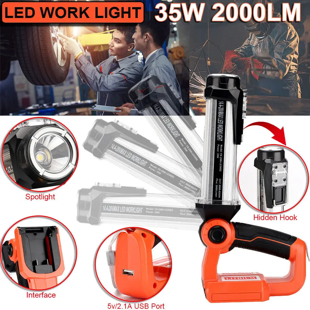 35W 2000LM Flashlight for BLACK+DECKER 20V Max Li-ion Battery Cordless LED Work Light Spotlight Floodlight for Camping Job Site