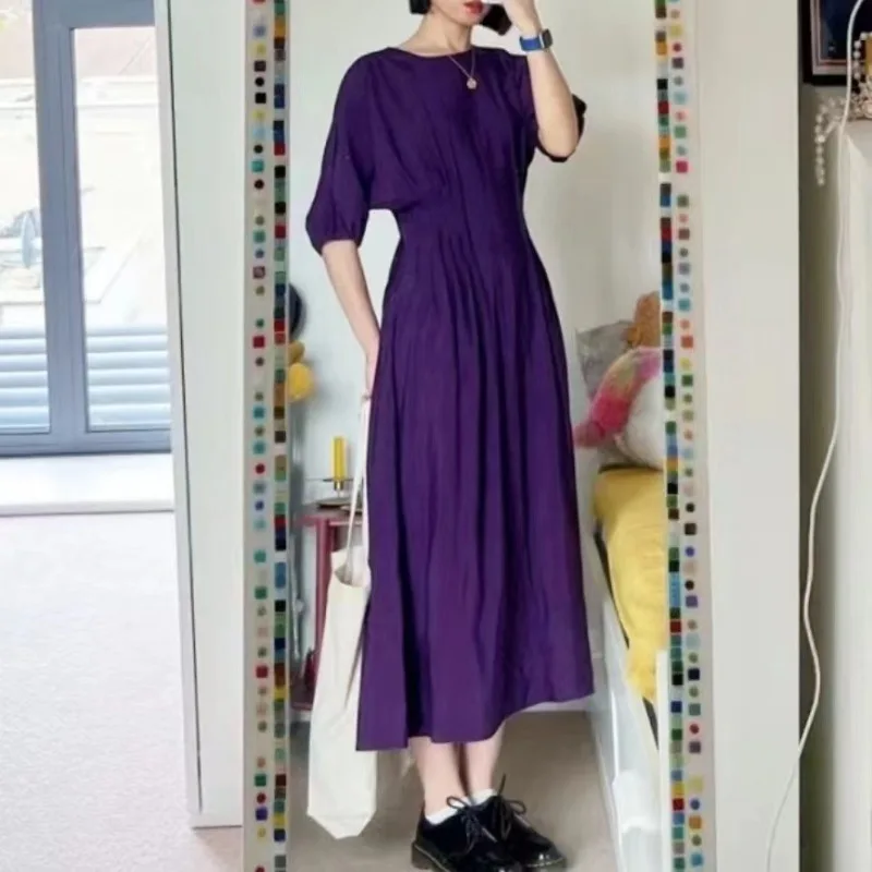 Simple O-neck Short Sleeve Dress Pleated Slim Waist A-line Puff Sleeved Robe Female Summer New Sweet Elegant Casual Vestidos