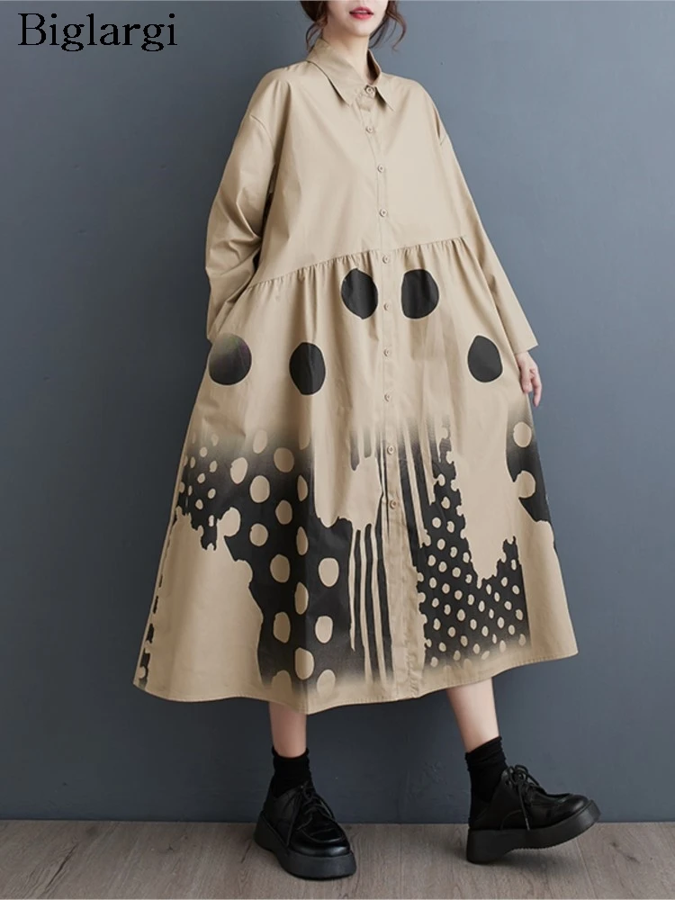 

Oversized Autumn Midi Polka Dot Print Dress Women Ruffle Pleated Loose Fashion Ladies Dresses Casual Long Sleeve Woman Dress