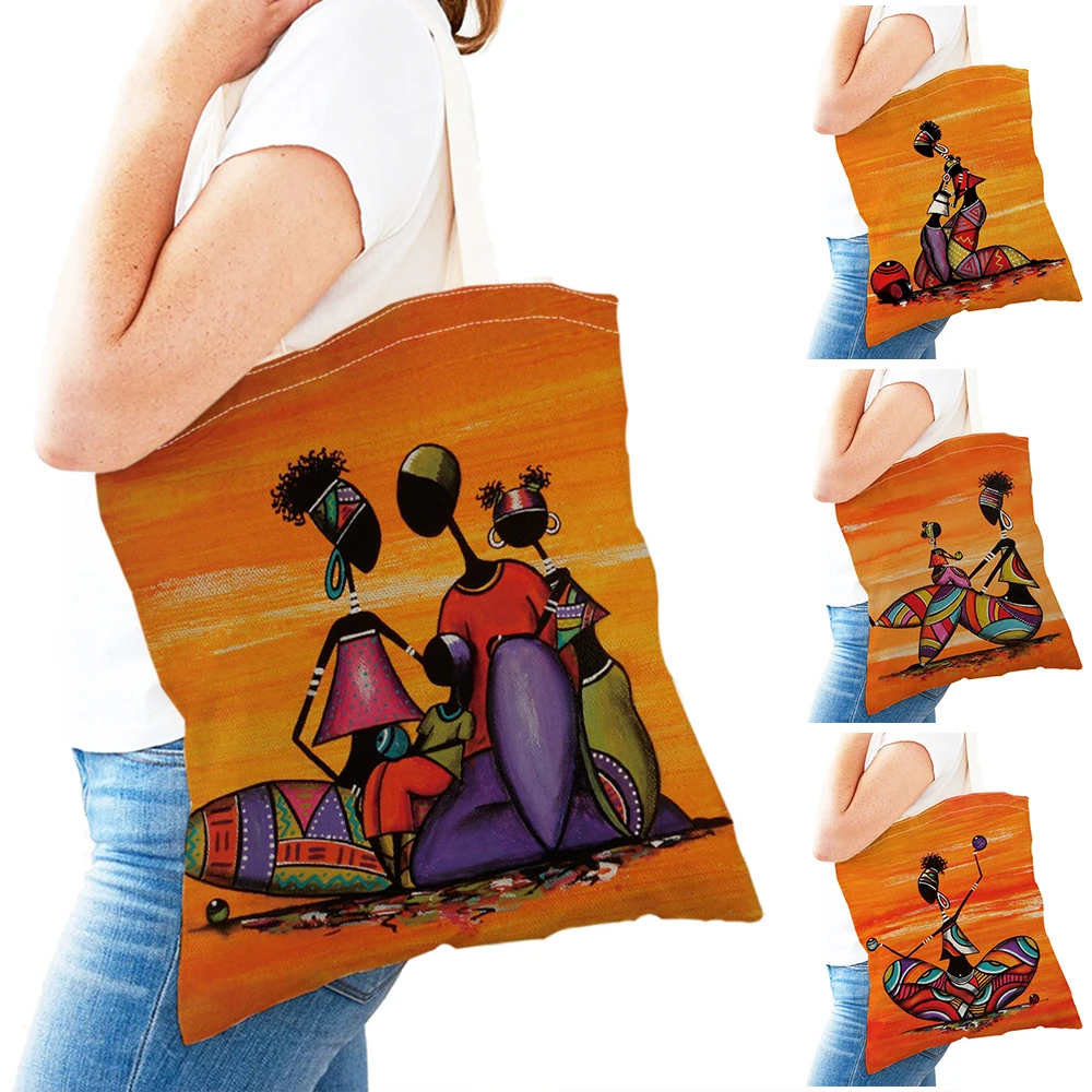 Vintage Orange African Women Shopper Bags Double Print Abstract Painting Lady Tote Handbags Eco Commuting Daily Use Shopping Bag