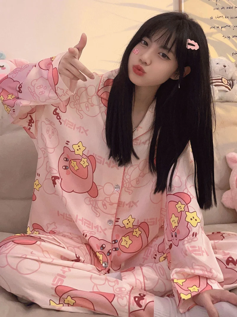 2023 New Kirby Cartoon Girls\' Pajamas Spring And Autumn Ice Silk Long Sleeve Home Wear Cute Thin Soft Pajamas Set Christmas Gift