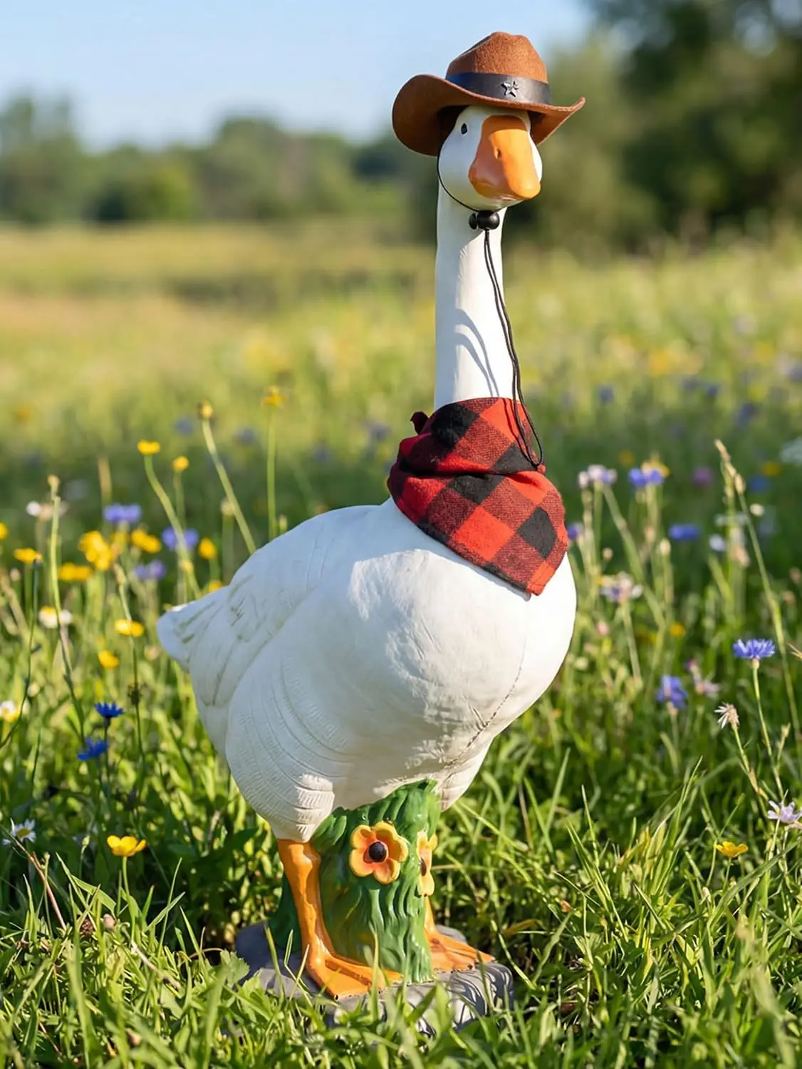 Adjustable Hollow Porch Goose Statue With Hat Bandana Base Sand Fill Outdoor Stability