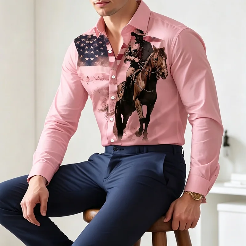 Retro Western Cowboy Rider Horse Pattern Long Sleeve Shirts Men Fashion American Flag Decor Casual Dress Shirts