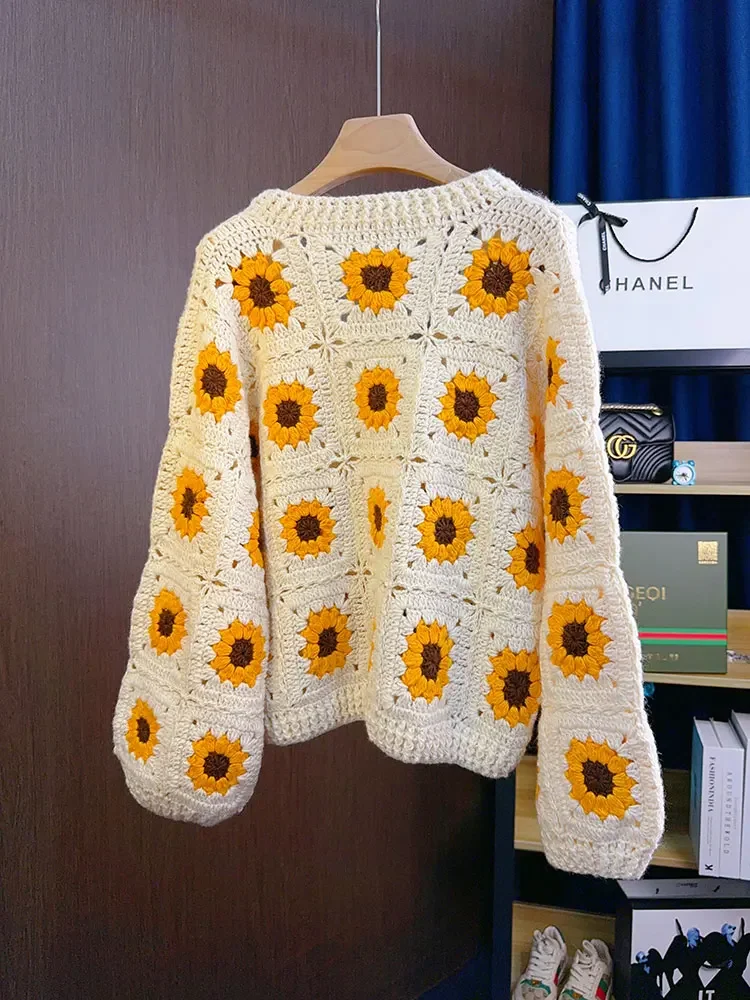 Handmade Sunflower Hollow Hook Wool Blended Knitted Cardigan V-neck Square Crochet Bohemian Sweater Jacket Women Jumper Clothing