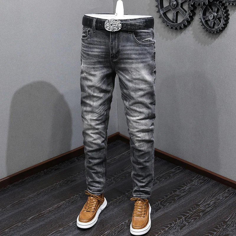 Fashion Designer Men Jeans High Quality Retro Black Gray Stretch Slim Fit Ripped Jeans Men Vintage Casual Denim Pants Hombre