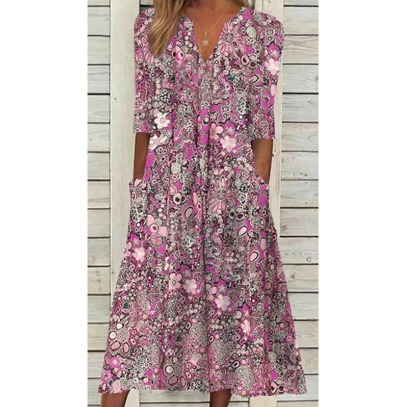 2023 Summer Fashion Vintage Floral Print Boho Party Dresses for Women Vacation V-Neck Short Sleeve Pockets Beach Midi Dress Robe