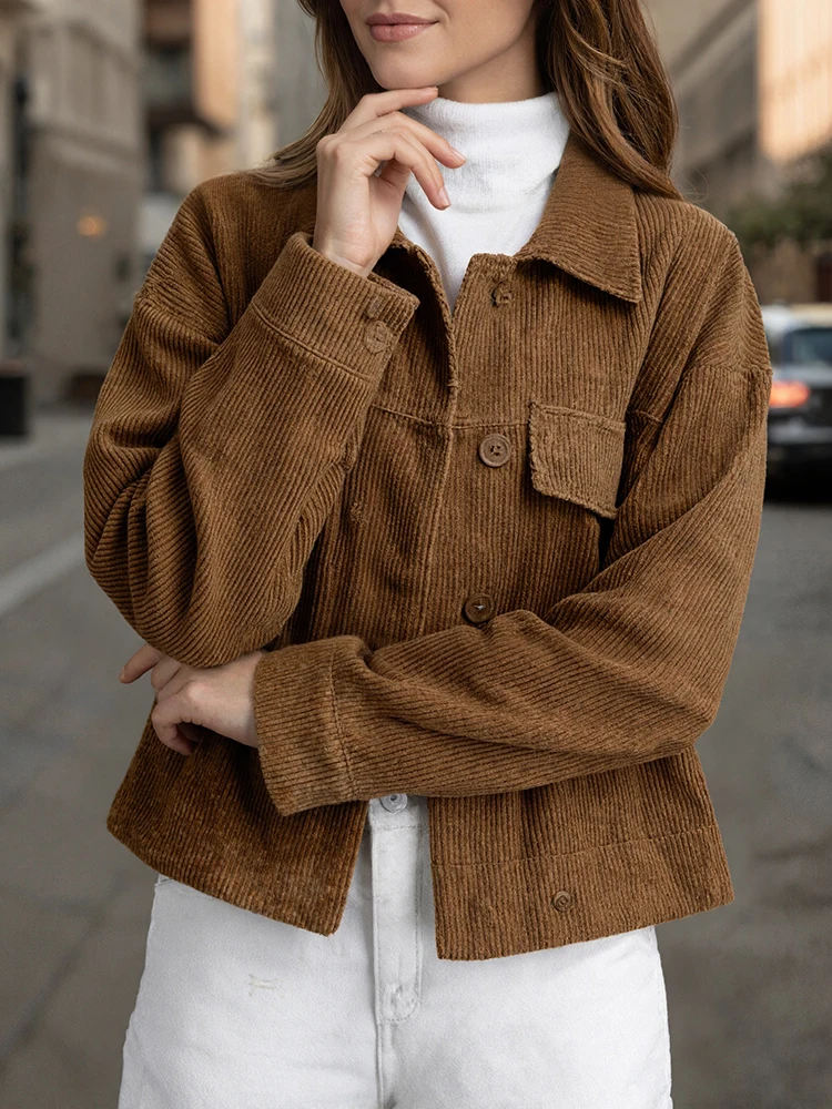 

ZANZEA 2022, осенние модные вельветовые куртки с воротником с лацканами и длинными рукавами, женские пальто, винтажная однотонная верхняя одежда OL, облегающие уличные куртки