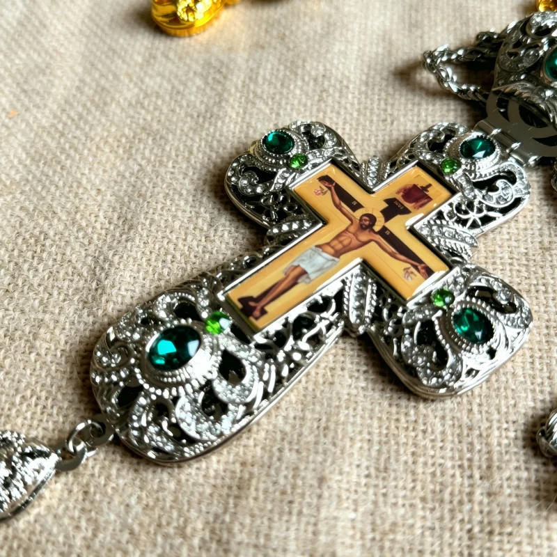 Gold/Silver Plated Orthodox Priest Pectoral Cross with Enamel, Gemstones & Chain for Liturgy Church Altar Religious Service Deco