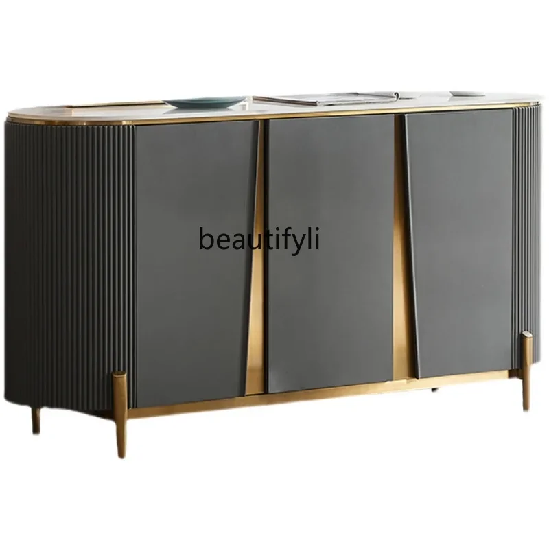 

D06 Solid wood dining side cabinet, rock slab storage decorative cabinet, light luxury stainless steel semicircle against the wa