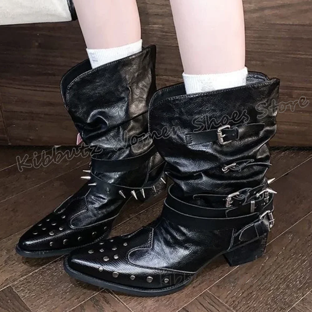 

Современные ботильоны с заклепками, кожаные лоскутные ботинки без шнуровки с пряжкой на ремне, модная элегантная удобная новинка, женская обувь, новый однотонный цвет