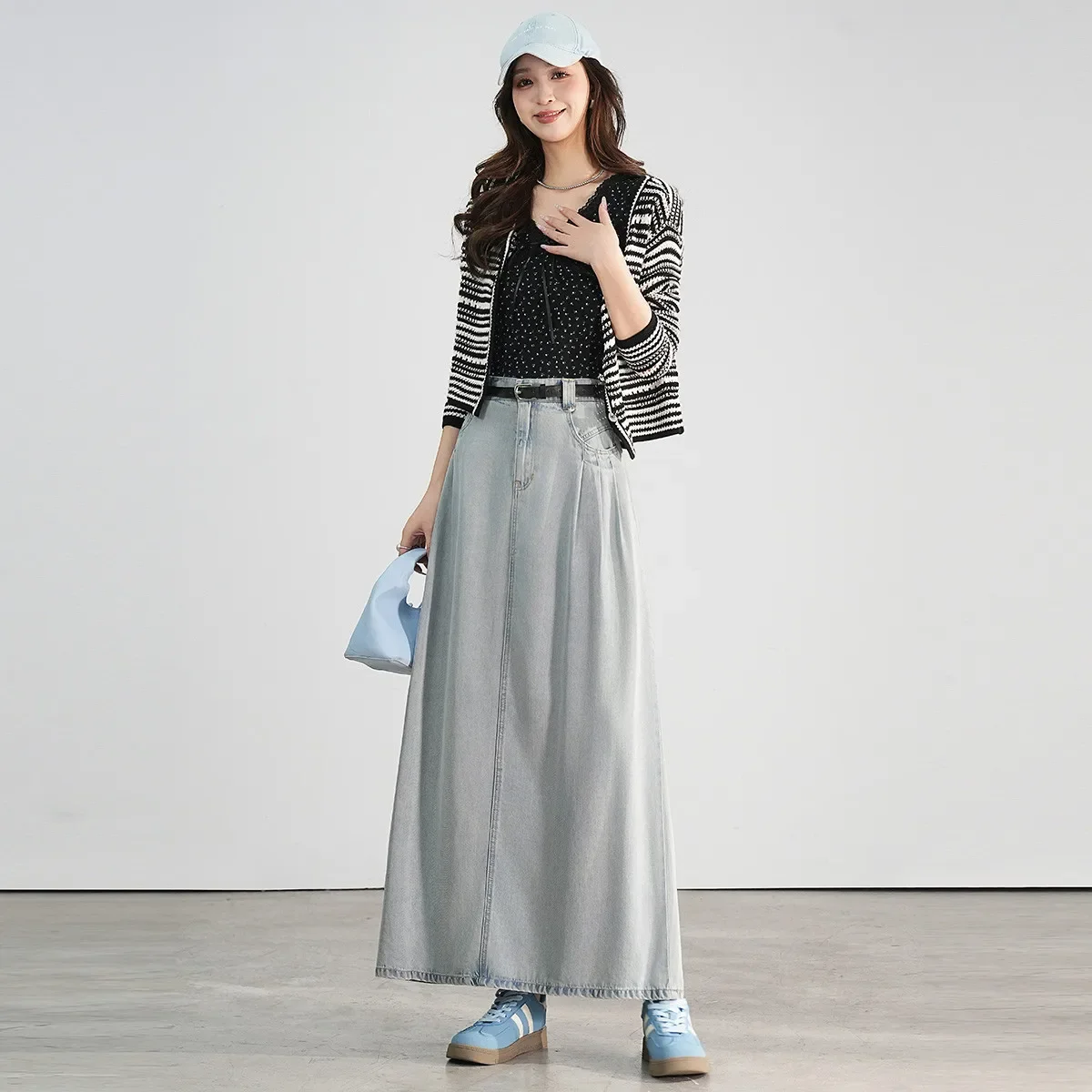 LOUISYAO Lyocell Pleated Denim Skirt Women 2025 Spring High Waisted Washed Midi Skirt Casual Streetwear Bottoms