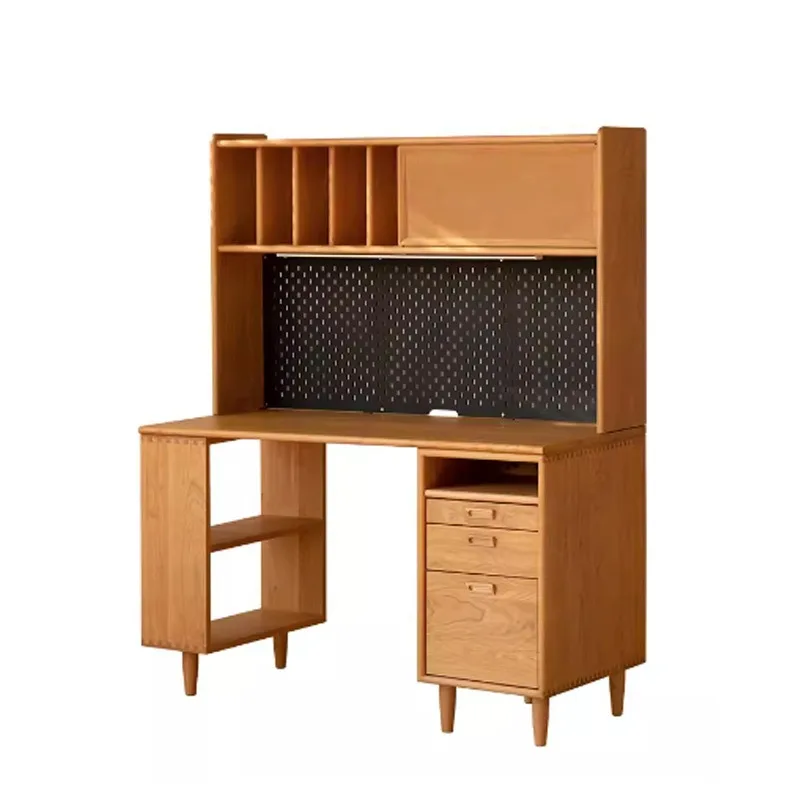 Cherry wood study table with bookshelf, integrated North American red oak computer desk with drawers Student solid wood desk