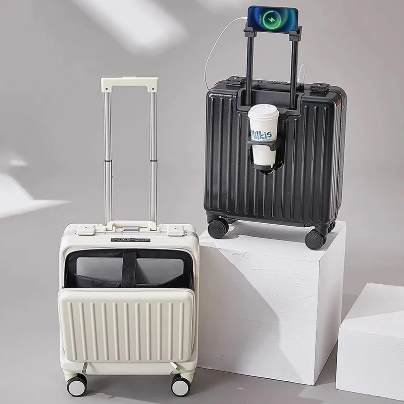 Front Opening Luggage with USB Cup Holder Suitcase Bag Aluminum Frame Travel Bag Phone Holder Small Suitcases Carry-on Trolley