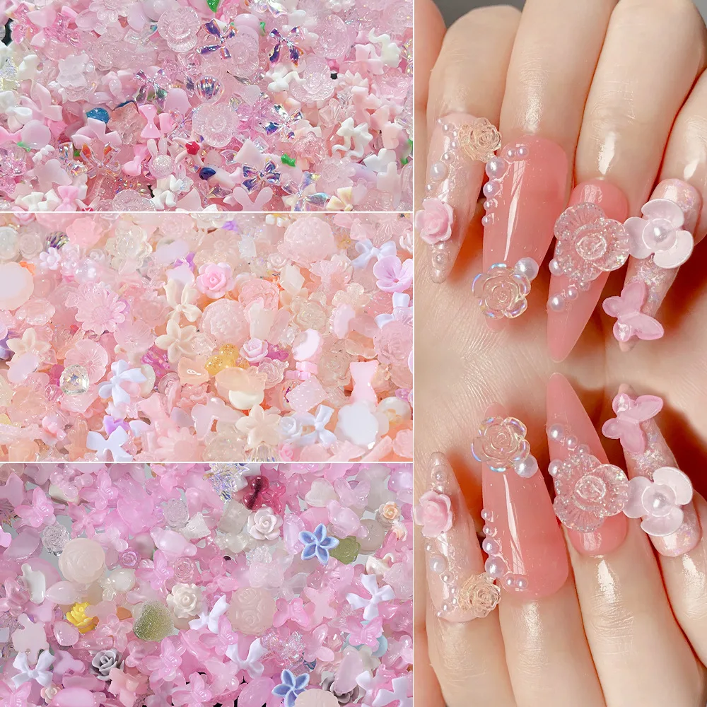 50 gr/beutel Zufällig Blau Gemischte Schleife/Blume Nail art Charms 500-600 stücke Harz Kamelie/Bowknot Nägel Dekoration DIY Maniküre Zubehör