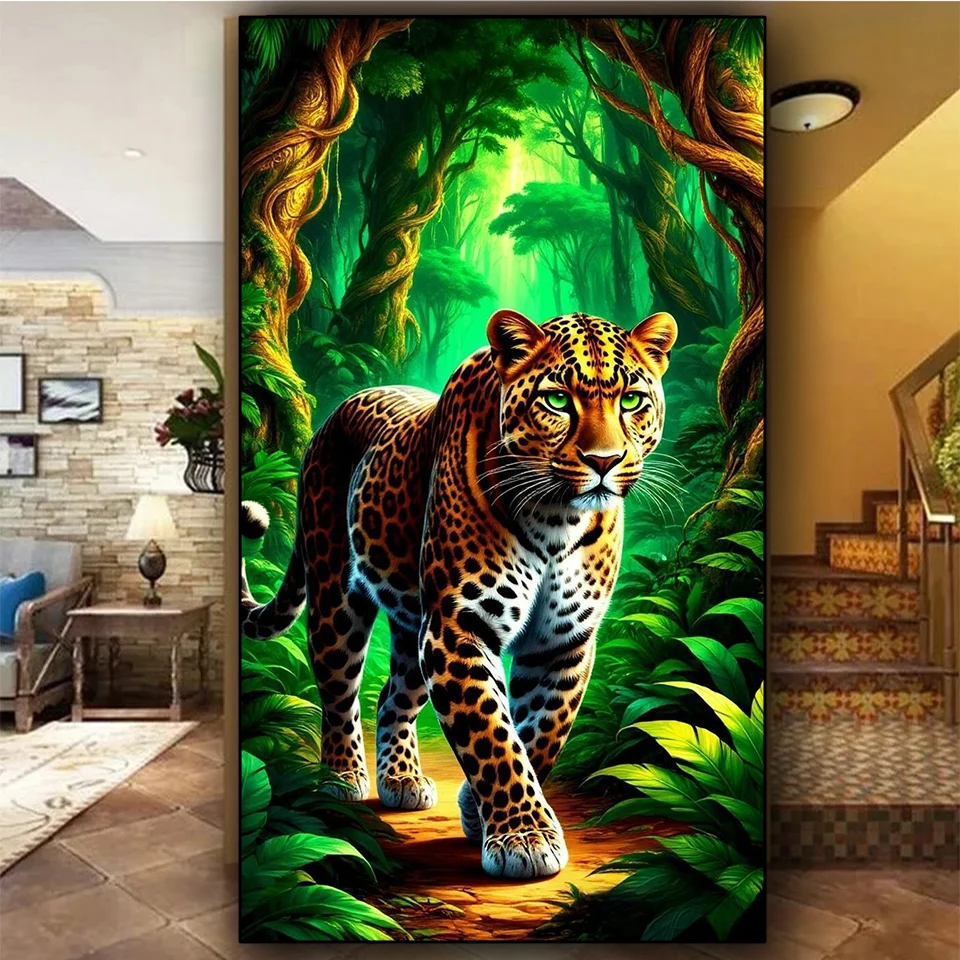 

Яркий зеленый леопард джунглей, алмазная живопись «сделай сам», искусство, полный круглый алмаз, мозаика, ювелирные изделия, вышивка крестиком, рождественский подарок