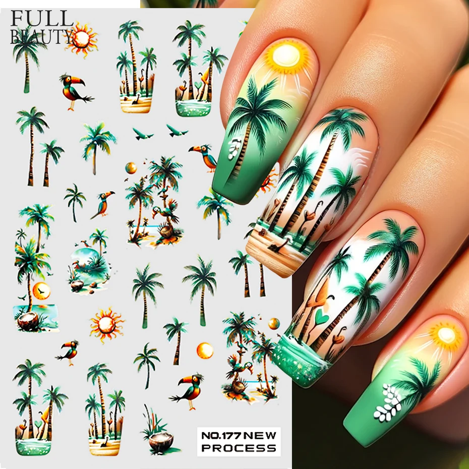 Green Coconut Tree Beach Nail Sticker Tropical Flamingo Flower Leaf Summer Nail Art Decals Adhesive Sliders Decorations Manicure