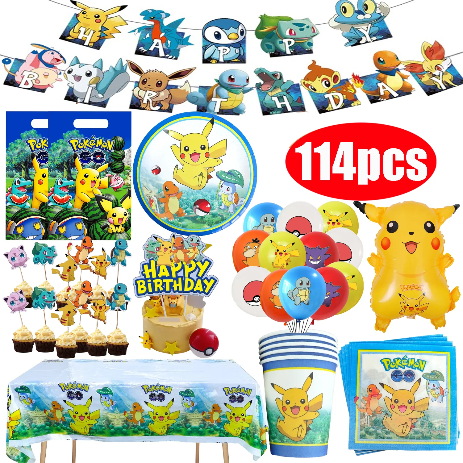 Balony foliowe Pokemon na przyjęcie urodzinowe, dekoracje, artykuły dla dzieci, jednorazowa zastawa stołowa, kubki, talerze, serwetki.
