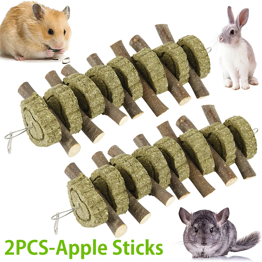 2Pcs Pet Chew Toy 100% Natural Organic Apple Chewing Sticks Rabbit Safe Teeth Grinding Toy for Chinchilla Hamsters Rodent Pets