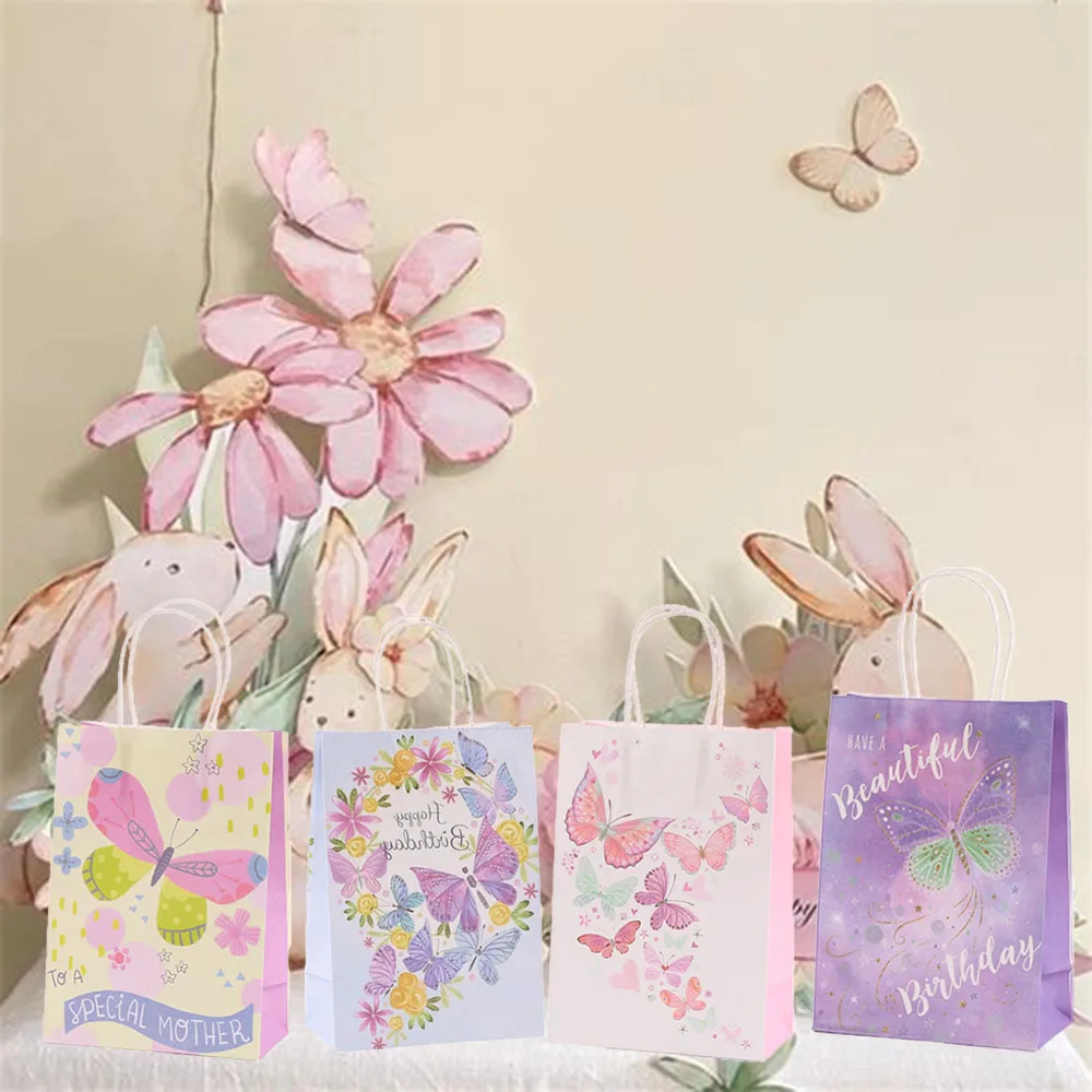 24pcs Butterfly Party Favors Flowers Gift Bags Butterfly Paper Bags With Handles For Baby Shower Supplies Birthday Decorations