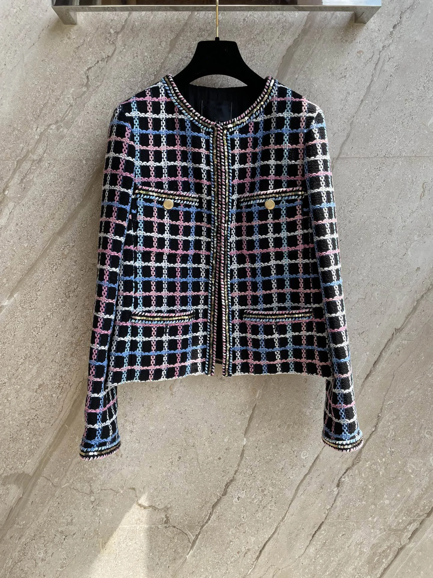 Rainbow-colored woven plaid coat