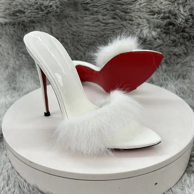 

Sexy Style Hairy One-Piece Sandals Women's High Heels Slim Heel Pointed Toe Exposed Toes Fashionable Versatile Red Sole Slippers