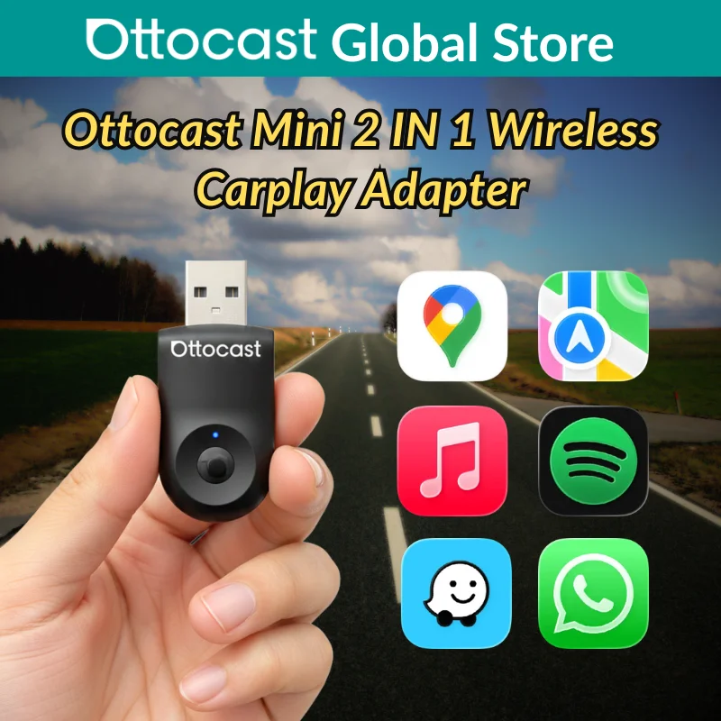 Ottocast MINI Wireless Carplay Adapter Android Auto 5GHz WiFi Fast Connect One Click Switch Dongle for Toyota Audi Benz Cars