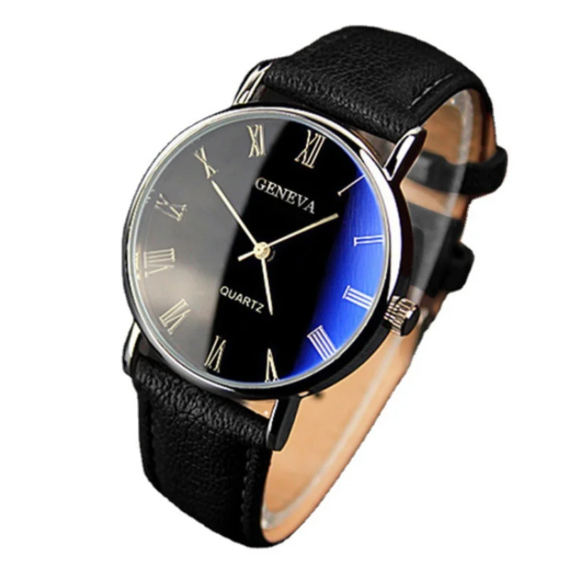 Geneva-reloj con correa para hombre, cronógrafo de cuarzo, con luz azul, estilo romano, para negocios