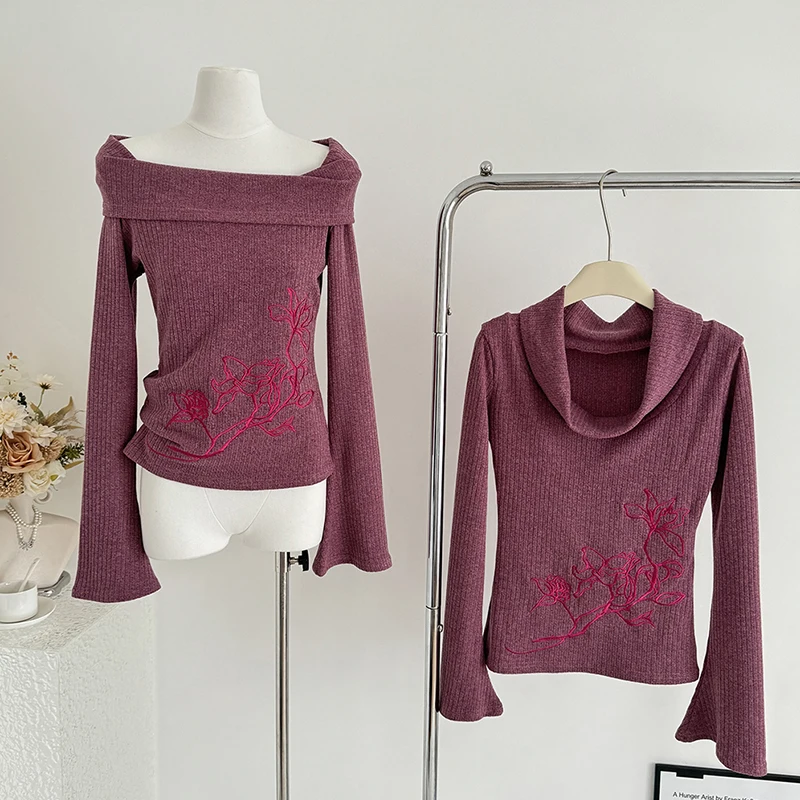 

Trendy off-the-shoulder Sweater Women Winter Long Sleeve Slim-fit Knitwear Embroidered Flower Knitted Tops Female 2025 New Tops