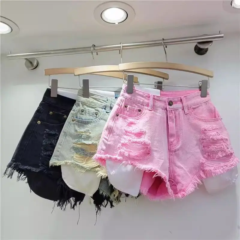 Leaking Pocket Street Hole Washed Retro Blue Denim Shorts 2024 Summer New Spice Girl Fashion Jeans Hot Pants Shorts Women