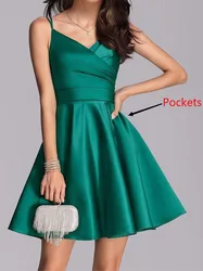 CustomizedSexy V-neck Sleeveless Homecoming Dress Elegant Solid Color Slim Waist Cocktail Dresses Satin A-line Vestidos De Noche