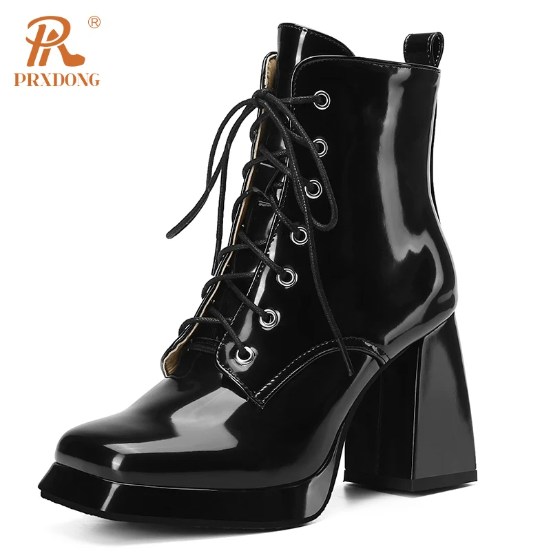 PRXDONG New Brand Quality Leather Chunky High Heels Lace Up Black Beige Dress Party Work Female Autumn WInter Ankle Boots 34-45