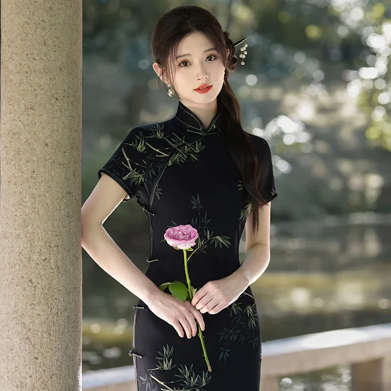 

2024 New Chinese Summer Autumn New Qipao Long Dress Satin Black Dress Retro Banquet Double layered Performance