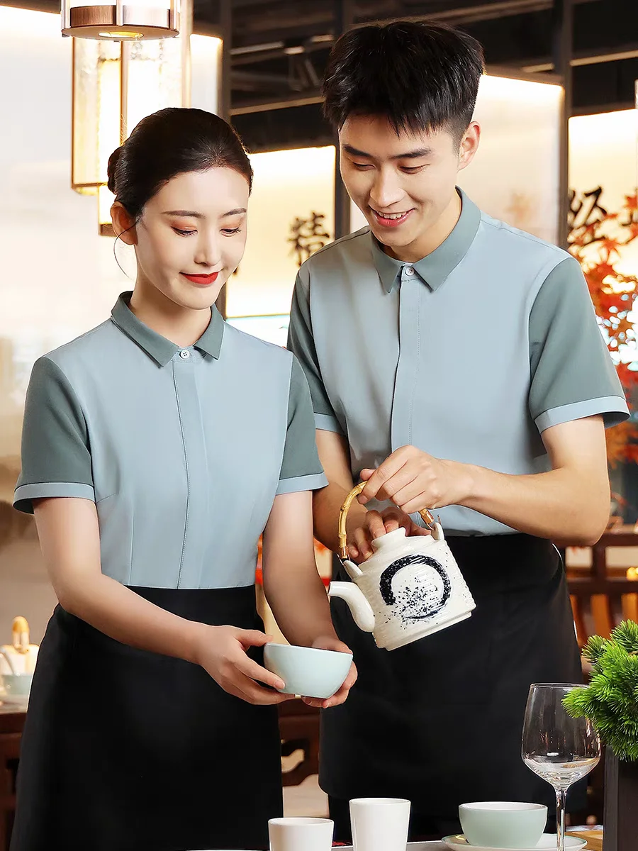 2024 Dessert Shop Women'sShort Sleeve Shirt And Apron Set Catering Western Restaurant Waiter Uniform Bakery Staffs Working Set