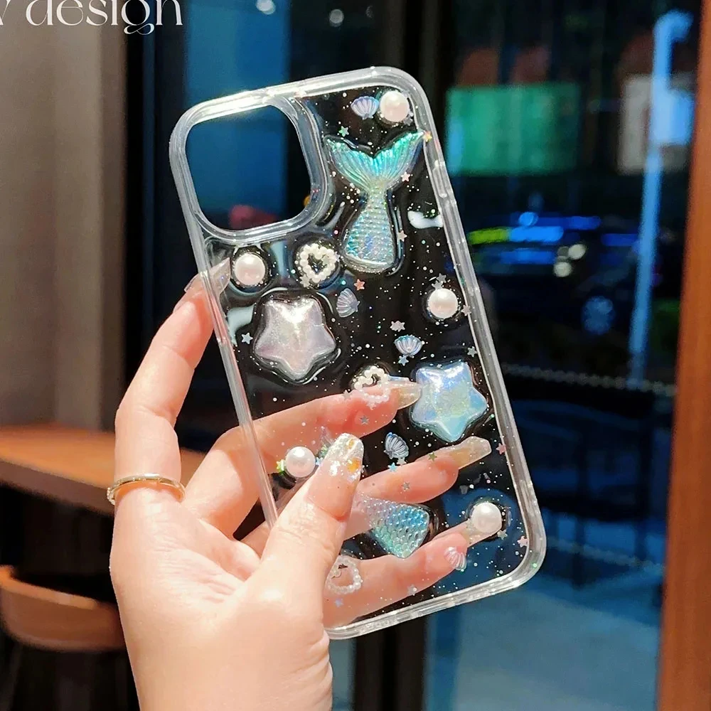 3D Epoxy Star Mermaid Fish Tail Case For iPhone 15 14 13 12 11 Pro Max XS XR 7 8 Plus Mini SE Clear Soft TPU Cover Skin