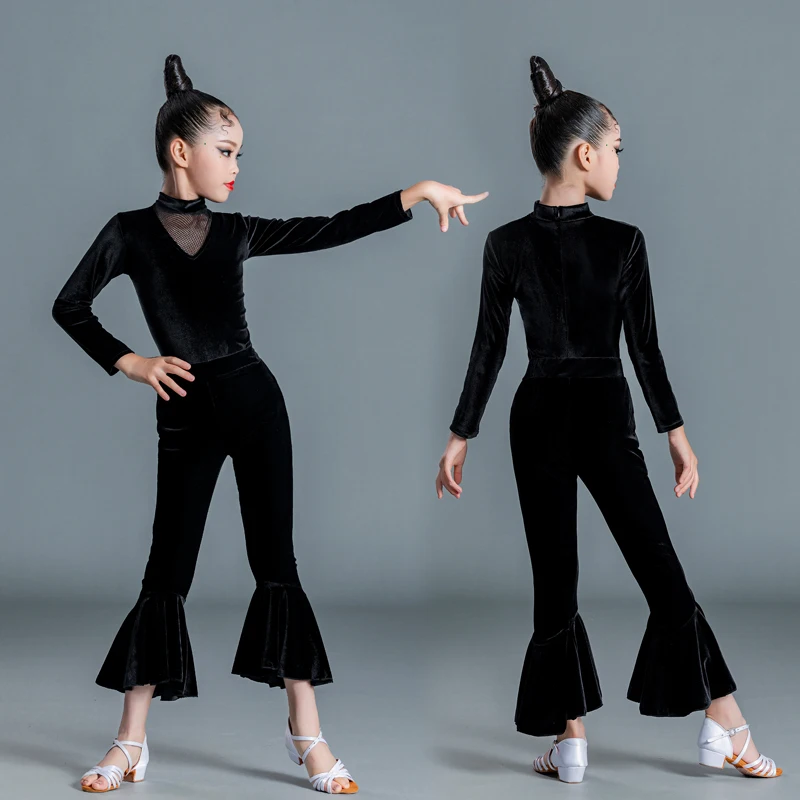 Girls Latin Dance Practice Clothes 2023 Autumn Winter Children's Split Velvet Competition Regulations Latin Skirt Suit