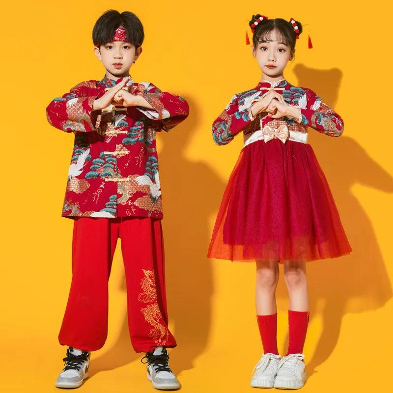 

Kids Chinese Tang Suit Hanfu for Boys Girls Catwalk Dress Red Sets