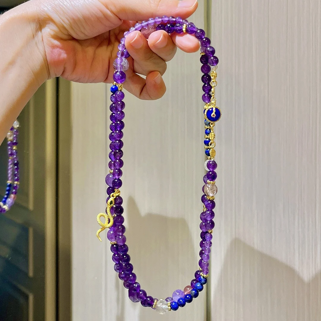

Original design New Chinese natural amethyst lapis lazuli white crystal beaded necklace Duobao necklace sweater chain