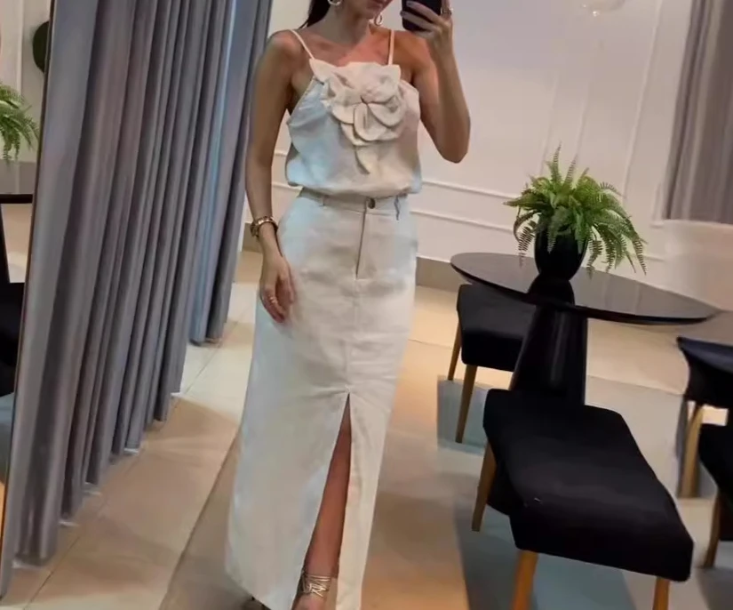 Women Two Piece Skirt Sets Solid Suspenders Sleeveless Spliced Elegant Split Long Skirts A Line High Waist Summer 2024