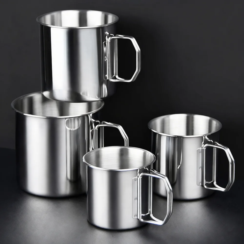 Outdoor Camping Cup 304 Stainless Steel Portable Mug Foldable Handle Water Drinkware For Hiking Mountaineering Picnic Travel