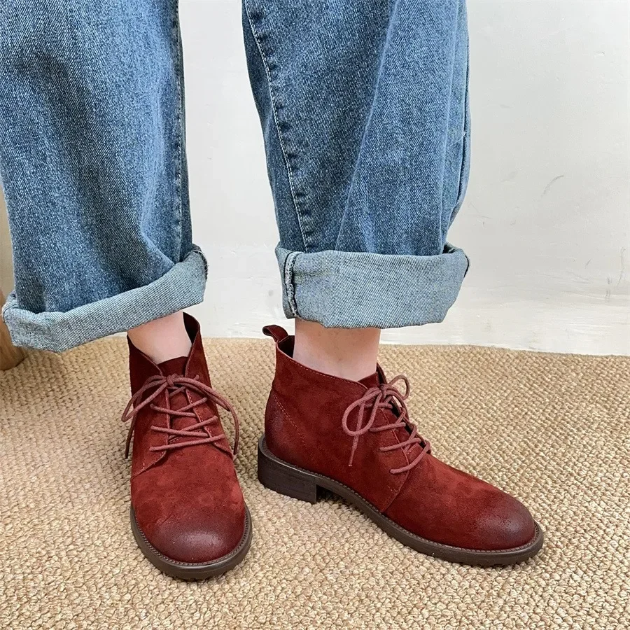 

Birkuir Round Toe Thick Soled Boots For Women Lace Up Platform Ankle Boots Genuine Leather Autumn Luxury Sewing Causal Shoes