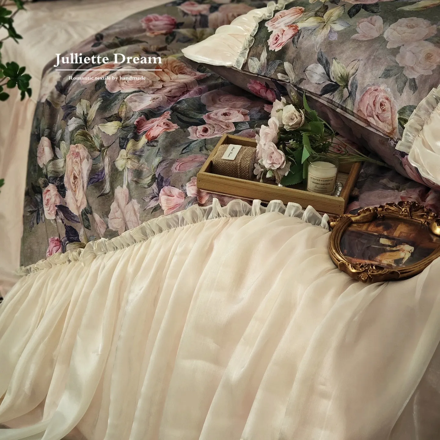 Romantic Vintage Melantha Bedding Set, French Country Digital Ink Wash Floral Print, 100% Cotton Lace Ruffle Duvet Cover Set