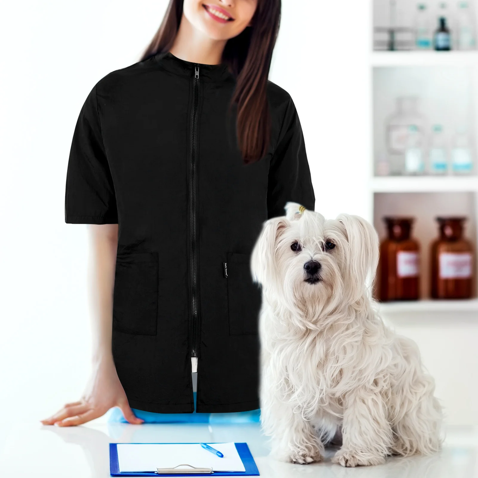 

Grooming Smock Dog Pet Grooming Work Clothes Barber Smock Workwear with Pockets for Bathing Haircut Stylist Salon Use L