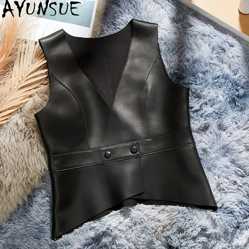 AYUNSUE Genuine Sheepskin Sleeveless Jacket Women 2023 Korean Fashion Vneck Leather Jackets Women Leather Vest Slim Waistcoat