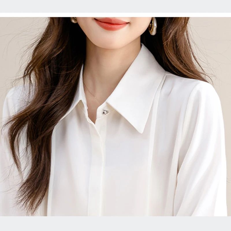 بلوزة بيضاء أنيقة بأكمام طويلة قابلة للطي للنساء ملابس عمل مكتبية قمصان شيفون قطع علوية أساسية بلوزة نسائية عصرية 2025 Blusas Mujer #6